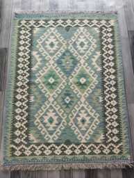 Kilim Rug Turquoise, Handmade Artisan Afghan Turkish Persian Qashqai Navajo Bohemian Natural Wool Flatweave 143x106 cm - thumbnail 1
