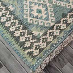 Kilim Rug Turquoise, Handmade Artisan Afghan Turkish Persian Qashqai Navajo Bohemian Natural Wool Flatweave 143x106 cm - thumbnail 3
