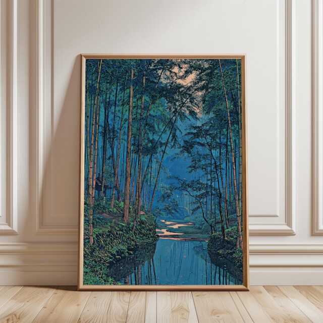 Blue Green Nature Art - Bamboo Forest River Poster Japanese Woodblock Style Landscape - image 1