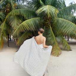 Beige Striped Linen Beach Towel - Absorbent Bath Sheet Quick Dry Cotton Blend Lightweight Travel Minimalist Blanket - thumbnail 2