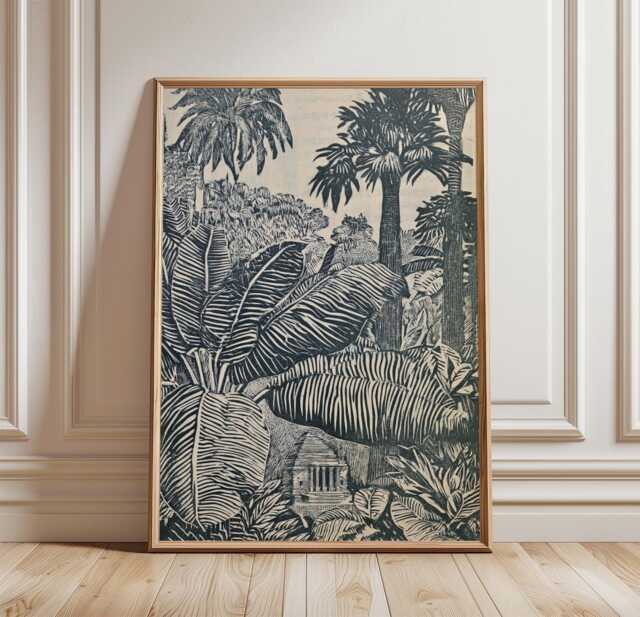 Tropical Jungle Poster, Botanical Temple Print, Monochrome Wall Art - image 1