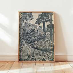 Tropical Jungle Poster, Botanical Temple Print, Monochrome Wall Art - thumbnail 4