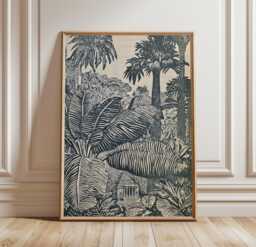 Tropical Jungle Poster, Botanical Temple Print, Monochrome Wall Art - thumbnail 1