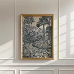 Tropical Jungle Poster, Botanical Temple Print, Monochrome Wall Art - thumbnail 3