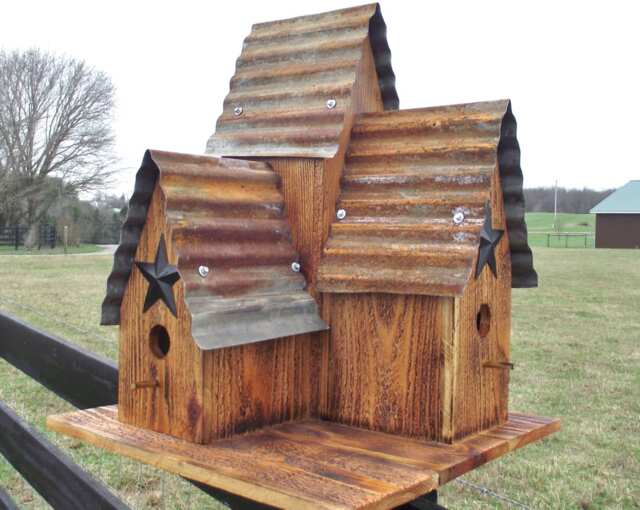 Cedar Bird House, Large Outdoor Burnt Cedar Triple Bird House, Old Tin Top Hand Made With Black Barn Star Blue Birds - image 1