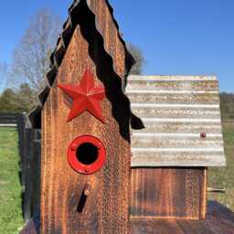 Cedar Bird House, Large Outdoor Burnt Cedar Triple Bird House, Old Tin Top Hand Made With Black Barn Star Blue Birds - thumbnail 4