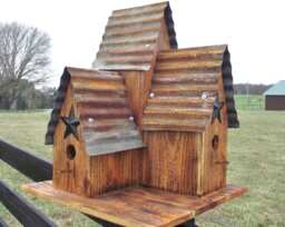 Cedar Bird House, Large Outdoor Burnt Cedar Triple Bird House, Old Tin Top Hand Made With Black Barn Star Blue Birds