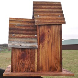 Cedar Bird House, Large Outdoor Burnt Cedar Triple Bird House, Old Tin Top Hand Made With Black Barn Star Blue Birds - thumbnail 3