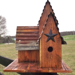 Cedar Bird House, Large Outdoor Burnt Cedar Triple Bird House, Old Tin Top Hand Made With Black Barn Star Blue Birds - thumbnail 2