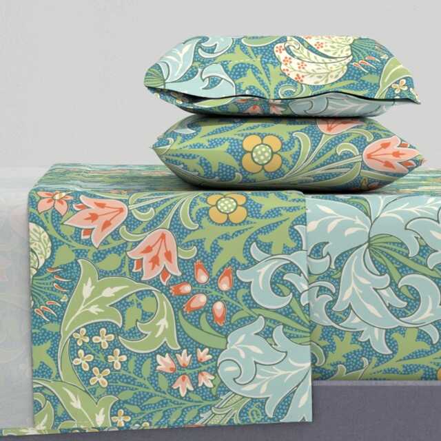 Art Nouveau Sheets - Golden Lily By Peacoquettedesigns Vintage Victorian William Morris Cotton Sateen Sheet Set Bedding Spoonflower - image 1