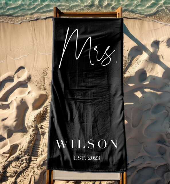 Custom Name Mrs./Mr. Est 2025 Beach Towel, Personalized Monogram Pool Signature Towel For Kids, Vacation Gift, Picnic - image 1