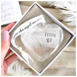 Gift Boxed Feather Memorial Bauble. Personalised Glass Heart Christmas Bauble/Hanging Decoration Handmade in Memory Keepsake - thumbnail 2