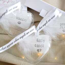 Gift Boxed Feather Memorial Bauble. Personalised Glass Heart Christmas Bauble/Hanging Decoration Handmade in Memory Keepsake - thumbnail 1