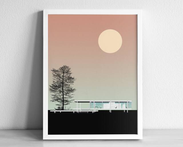 Farnsworth House Architecture Art Print - Graphic Illustration Abstract Poster Minimalist Mies Van Der Rohe - image 1