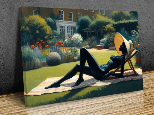 Beautiful Lady Sun Bathing in London Garden, Edward Hopper Style Art, Mounted On Bars Wall Art, Hangings, Mounted Canvas Print - image 1
