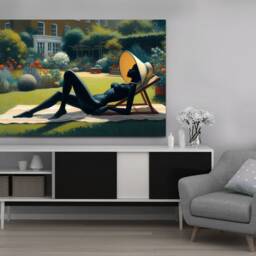 Beautiful Lady Sun Bathing in London Garden, Edward Hopper Style Art, Mounted On Bars Wall Art, Hangings, Mounted Canvas Print - thumbnail 3