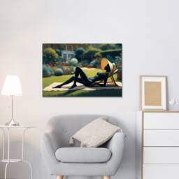 Beautiful Lady Sun Bathing in London Garden, Edward Hopper Style Art, Mounted On Bars Wall Art, Hangings, Mounted Canvas Print - thumbnail 2
