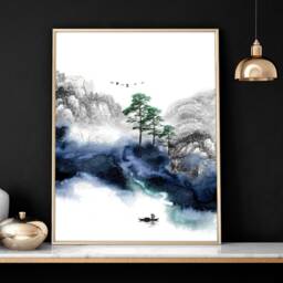Calming Japanese Office Desk Decor For Men Set Of 3 Framed Panel Wall Art, Blue Large Japandi Designer Landscape Gallery Art - thumbnail 3