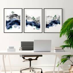 Calming Japanese Office Desk Decor For Men Set Of 3 Framed Panel Wall Art, Blue Large Japandi Designer Landscape Gallery Art - thumbnail 1