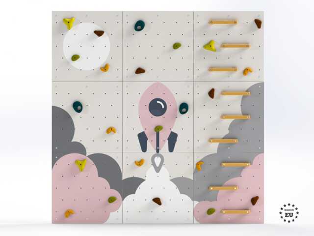 Rock Climbing Wall - Wooden Indoor Play For Kids Room - Pink Light Rocket Design, Custom Made, Holds Included - image 1