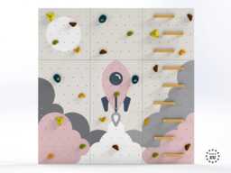 Rock Climbing Wall - Wooden Indoor Play For Kids Room - Pink Light Rocket Design, Custom Made, Holds Included - thumbnail 1