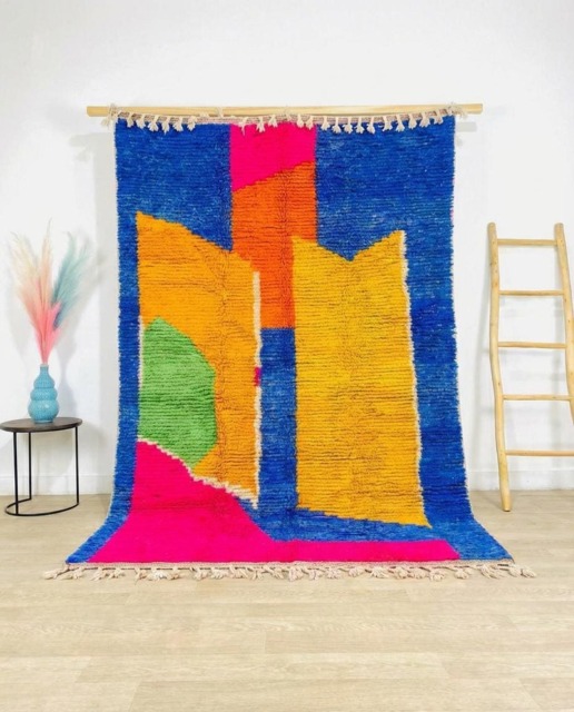 Colorful Moroccan Rug With Bold Geometric Design, Handmade Berber Shag Rug, Blue Pink Orange Wool Carpet, Area 8x10 - image 1
