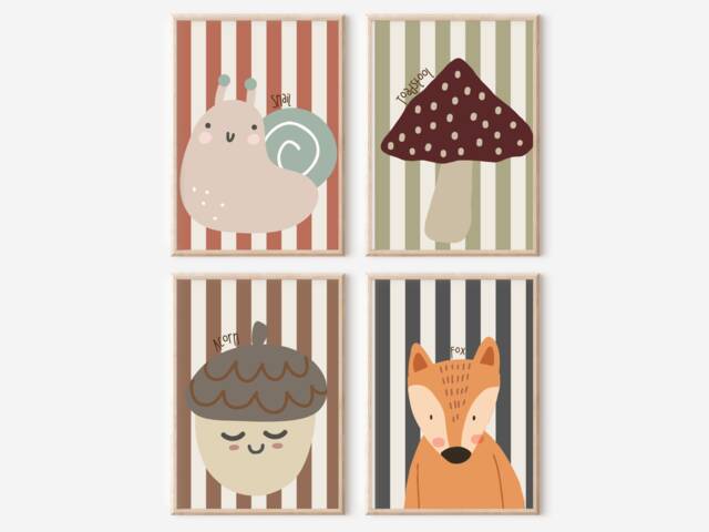 Woodland Animal & Autumn Prints For A Nursery, Playroom Or Bedroom. Prints. Stripey Snail, Acorn, Toadstool Fox Art - Prints Only - image 1