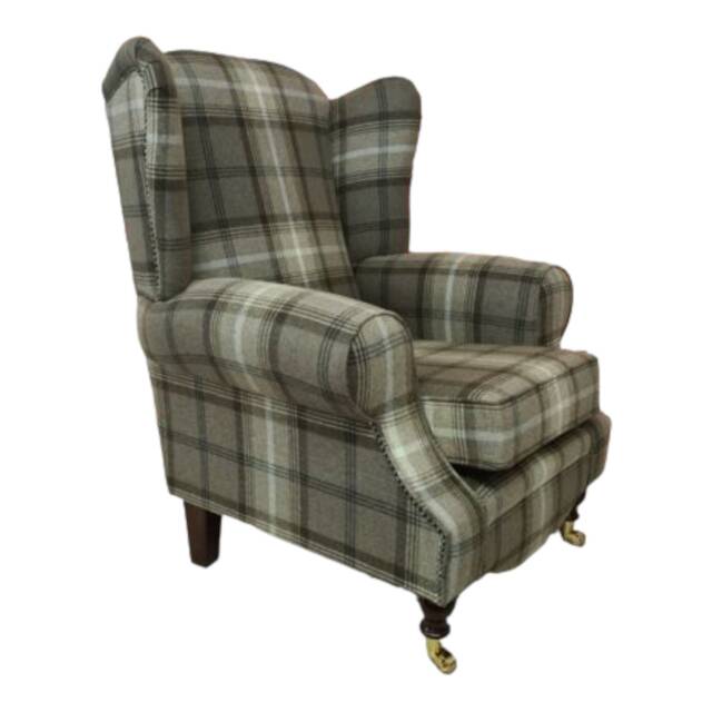 Queen Anne Wingback Chair Chocolate Brown Tartan Fabric, Brass Castor Legs - image 1