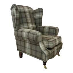 Queen Anne Wingback Chair Chocolate Brown Tartan Fabric, Brass Castor Legs