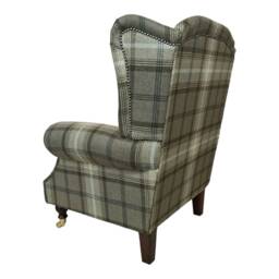 Queen Anne Wingback Chair Chocolate Brown Tartan Fabric, Brass Castor Legs - thumbnail 3