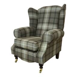 Queen Anne Wingback Chair Chocolate Brown Tartan Fabric, Brass Castor Legs - thumbnail 2