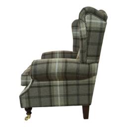 Queen Anne Wingback Chair Chocolate Brown Tartan Fabric, Brass Castor Legs - thumbnail 4