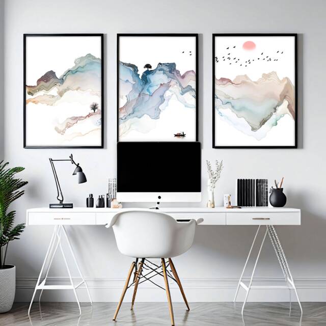 Japanese Painting Office Decor Set Of 3 Framed Panel Wall Art Prints, Trendy Asian Gallery Hanging For Calming Office Desk Decor - image 1