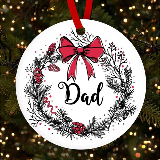 Dad Wreath Red Bow Round Bauble Personalised Christmas Tree Ornament Decoration