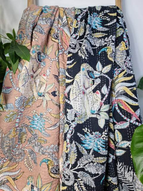 Kantha Stitch Pure Cotton Reversible Bed/Sofa Throw King Size - Tropical Animal Bird Handprinted Dohar Indian Blanket Sand Peach Paradise - image 1