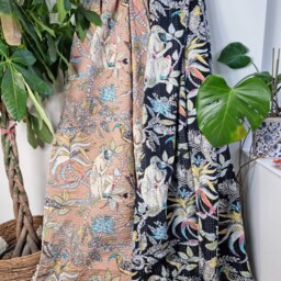 Kantha Stitch Pure Cotton Reversible Bed/Sofa Throw King Size - Tropical Animal Bird Handprinted Dohar Indian Blanket Sand Peach Paradise - thumbnail 3
