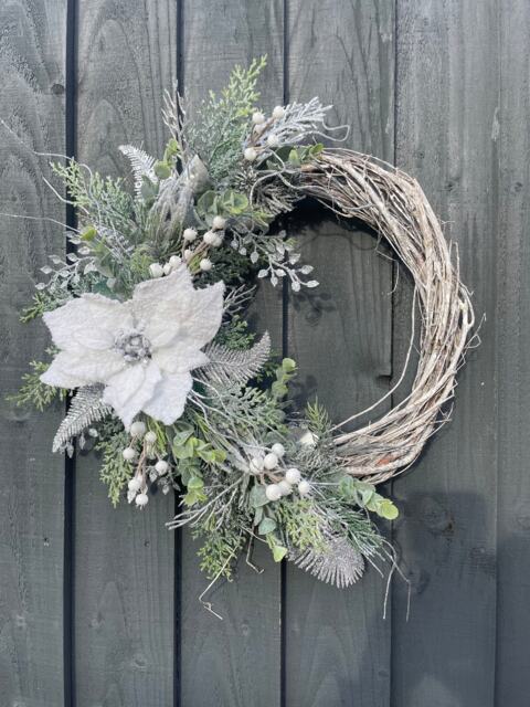 Winter Wonderland Poinsettia Wreath, Snowy Silver Foliage, Holiday Decor - image 1