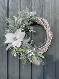 Winter Wonderland Poinsettia Wreath, Snowy Silver Foliage, Holiday Decor - thumbnail 1