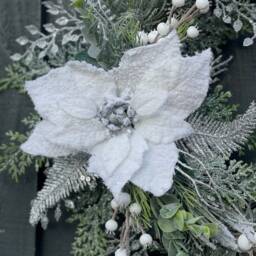 Winter Wonderland Poinsettia Wreath, Snowy Silver Foliage, Holiday Decor - thumbnail 2