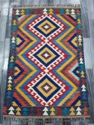Multicolour Rug, Handmade Artisan Afghan Turkish Scandinavian Navajo Bohemian Flatweave Wool Kilim 149x99 cm - thumbnail 1