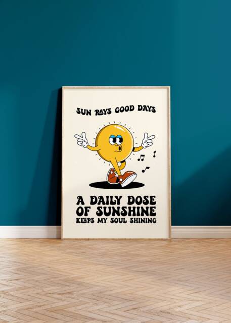 Sunshine Retro Character Print - Daily Dose Of Sunshine, Funky Mascot, Positive Typography, 60S 70S Fun Poster, Trendy Cartoon - image 1