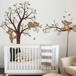 Enchanting Bears & Swirly Tree Wall Decal For Nursery, Kids Room Decoration, Woodland Theme Sticker - thumbnail 2