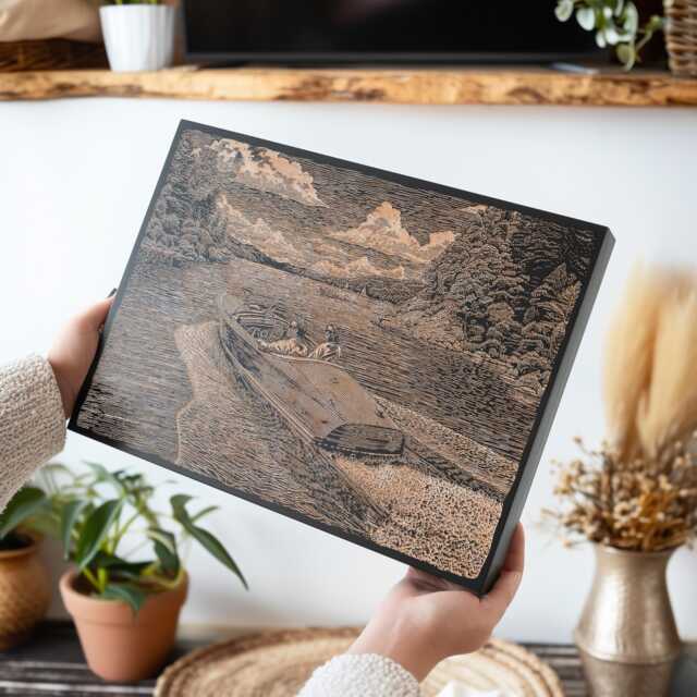 Vintage Lake Boat Wall Art - Wood Lithograph Illustration, Ocean Boating Scene, Retro Nature Painting, Beach Art, Coastal Decor - image 1
