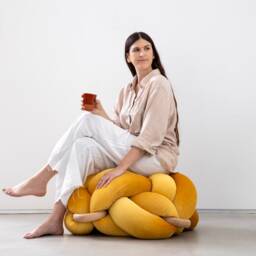 Knot Ottoman in Sunlight Yellow Velvet Fabric, Ottoman , Knot Floor Pillow, Modern Pouf, Cushion, Pouf Ottoman, Meditation - thumbnail 2