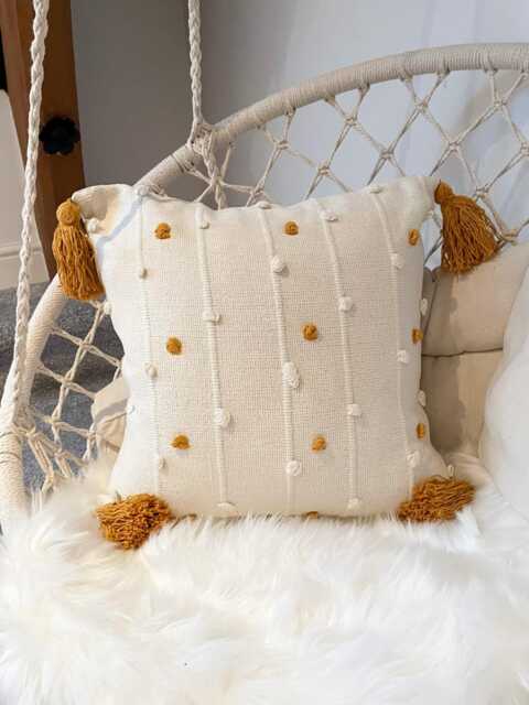 Beige Tufted Cotton Boho Cushion - Orange Tassel Throw Pillow - 45x45cm - image 1