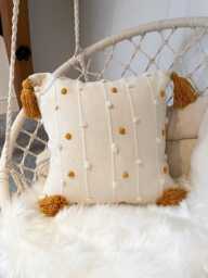 Beige Tufted Cotton Boho Cushion - Orange Tassel Throw Pillow - 45x45cm - thumbnail 1