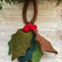 Felt Holly Christmas Decoration, Handfelted in Nepal, Holly Tree Ornament - thumbnail 2
