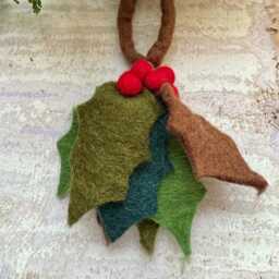 Felt Holly Christmas Decoration, Handfelted in Nepal, Holly Tree Ornament - thumbnail 3