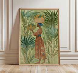 African Woman With Fruit Basket Poster, Tropical Jungle Wall Art, Ethnic Botanical Print in Green & Gold For Boho Or Modern Interiors - thumbnail 1