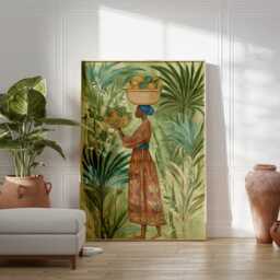 African Woman With Fruit Basket Poster, Tropical Jungle Wall Art, Ethnic Botanical Print in Green & Gold For Boho Or Modern Interiors - thumbnail 3